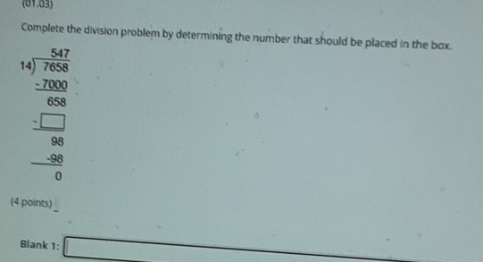 (01.03) 
Complete the division problem by determining the number that should be placed in the box. 
beginarrayr □ □  54encloselongdiv 729 -□ 520 _ -2000 hline 000 hline 0 _ -20 0endarray  
(4 points) 
Blank 1: x= □ /□  