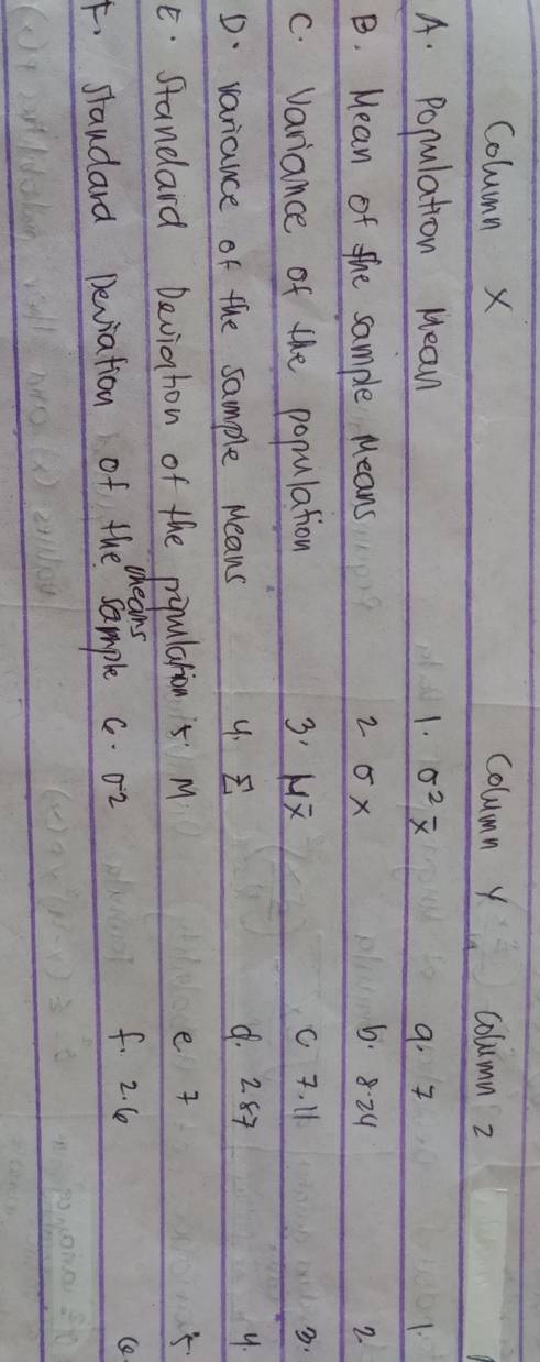 Column X column y column 2 
A. Population Hean 1. sigma^2overline x 9. 7
6. 8· 24
B. Mean of the sample Means 2 5x 2
c. variance of the population 3'MX C 7. I1 D. 
D. variance of the sample Means 9. 2. 87 9. 
estandard Deviahon of the pipularion M 
e t 5. 
F. staudard Deviation of the sample c. 02
f. 2. C