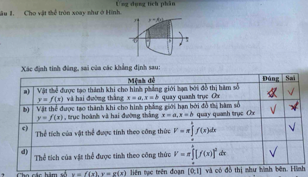 Ứng dụng tích phân 
lâu 1. Cho vật thể tròn xoay như ở Hình.
y=f(x)
6 @ 6 
Xác định tính đúng, sai của các khẳng định sau: 
Mệnh đề Đúng Sai 
a) Vật thể được tạo thành khi cho hình phẳng giới hạn bởi đồ thị hàm số
y=f(x) và hai đường thẳng x=a, x=b quay quanh trục Ox
b) Vật thể được tạo thành khi cho hình phẳng giới hạn bởi đồ thị hàm số
y=f(x) , trục hoành và hai đường thắng x=a, x=b quay quanh trục Ox
c) 
Thể tích của vật thể được tính theo công thức V=π ∈tlimits _a^(bf(x)dx
d) 
Thể tích của vật thể được tính theo công thức V=π ∈tlimits _a^a[f(x)]^2)dx
、 Cho các hàm số y=f(x), y=g(x) liên tục trên đoạn [0;1] và có đồ thị như hình bên. Hình