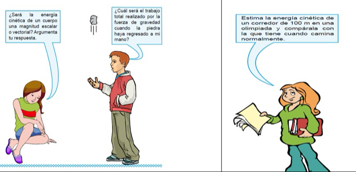 ¿Cuál será el trabajo 
¿Será la energía total realizado por la Estima la energía cinética de 
cinética de un cuerpo 
una magnitud escalar fuerza de gravedad un corredor de 100 m en una 
o vectorial? Argumenta cuando la piedra olimpiada y compárala con 
tu respuesta. mano? haya regresado a mi la que tiene cuando camina 
normalmente.