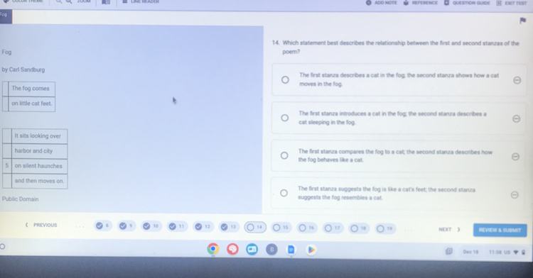 ADO NOTE FRNCE QUESTION GUIDE 3 oer nat
14. Which statement best describes the relationship between the first and second stanuzas of the
Fog poem?
by Carl Sandburg The first stanza describes a cat in the fog; the second stanza shows how a cat
The fog comes moves in the fog.
on little cat feet.
The first stanza introduces a cat in the fog; the second stanza describes a
cat sleeping in the fog.
the fog behaves like a cat. The first stanza compares the fog to a cat; the second stanza describes how
The first stanza suggests the fog is like a cat's feet; the second stanza
Public Domain suggests the fog resembles a cat.
《 PREVIOUS NEXT ) REVIEW & SUBMIT
13 14 15 16 19
Dac 18 11:08 us