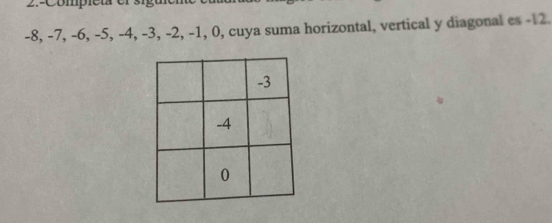 -8, -7, -6, -5, -4, -3, -2, -1, 0, cuya suma horizontal, vertical y diagonal es -12.