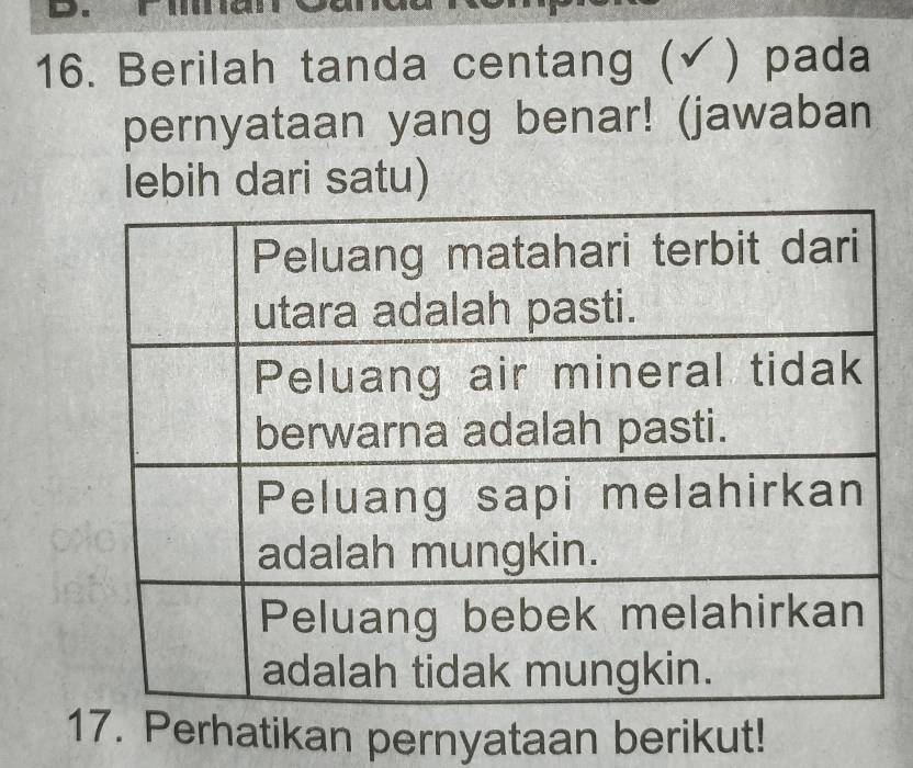 Berilah tanda centang (✔) pada 
pernyataan yang benar! (jawaban 
lebih dari satu) 
17. Perhatikan pernyataan berikut!