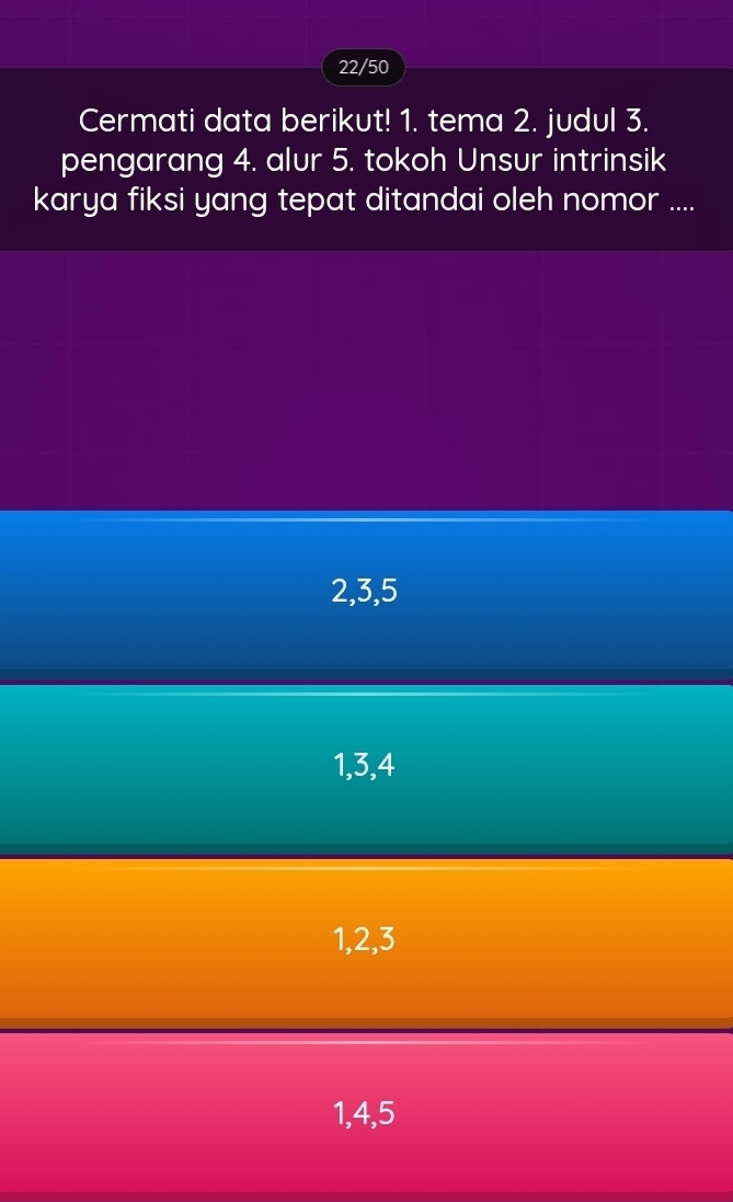 22/50
Cermati data berikut! 1. tema 2. judul 3.
pengarang 4. alur 5. tokoh Unsur intrinsik
karya fiksi yang tepat ditandai oleh nomor ....
2, 3, 5
1, 3, 4
1, 2, 3
1, 4, 5