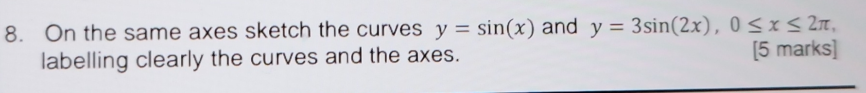 On the same axes sketch the curves y=sin (x) and y=3sin (2x), 0≤ x≤ 2π , 
labelling clearly the curves and the axes.
[5 marks]