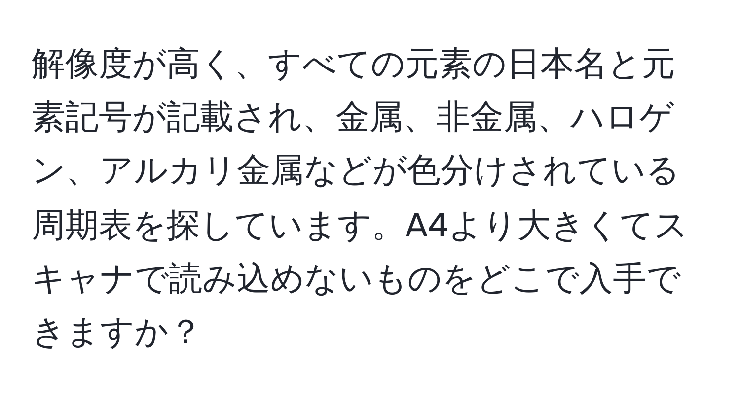 解像度が高く、すべての元素の日本名と元素記号が記載され、金属、非金属、ハロゲン、アルカリ金属などが色分けされている周期表を探しています。A4より大きくてスキャナで読み込めないものをどこで入手できますか？