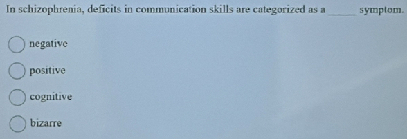 In schizophrenia, deficits in communication skills are categorized as a _symptom.
negative
positive
cognitive
bizarre