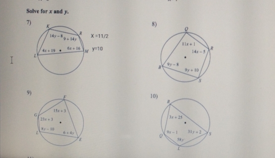 Solve for x and y.
7
8
9) 10)