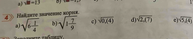 a) sqrt(□ )=13 b) v_B3-
4 Ηайлите значение корня.
a) sqrt(6frac 1)4 b) sqrt(1frac 7)9 c) sqrt(0,(4)) d) sqrt(2,(7)) e) sqrt(5,(4))
Raποπηиτe ταбπиιν.