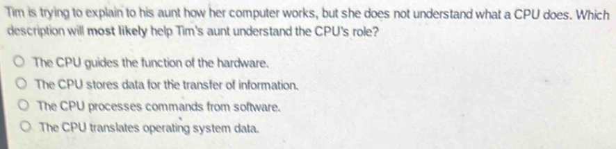 Solved: Tim is trying to explain to his aunt how her computer works ...