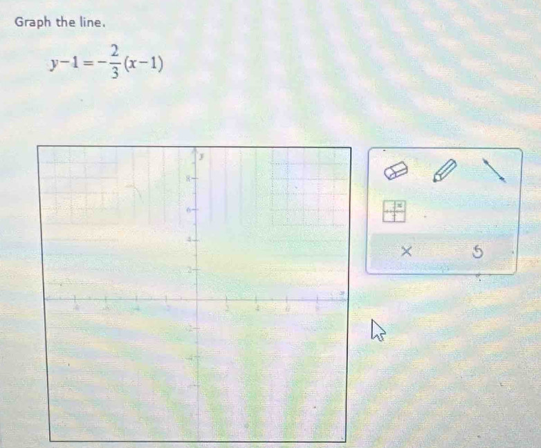 Graph the line.
y-1=- 2/3 (x-1)
frac  1/t 
× 5