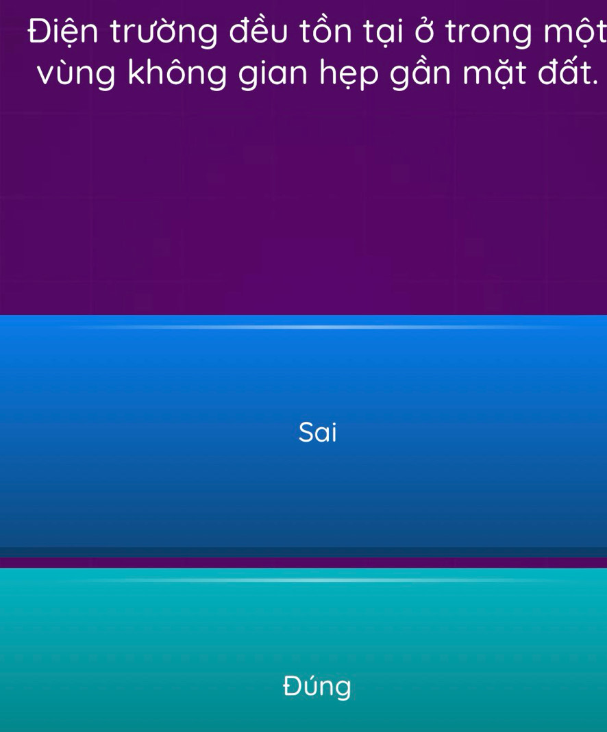 Điện trường đều tồn tại ở trong một 
vùng không gian hẹp gần mặt đất. 
Sai 
Đúng