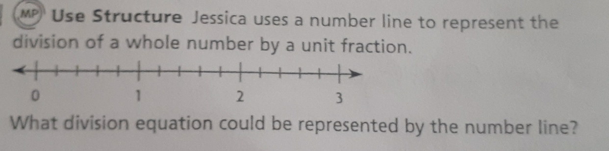 MP Use Structure Jessica uses a number line to represent the 
division of a whole number by a unit fraction. 
What division equation could be represented by the number line?