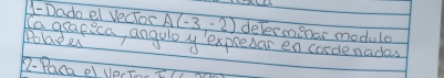 1-Dado el Vectos A(-3,-2) delernenar module 
Polaess Eagearica, anguloy expredar en corde nadas 
R-Pacael vecTosit