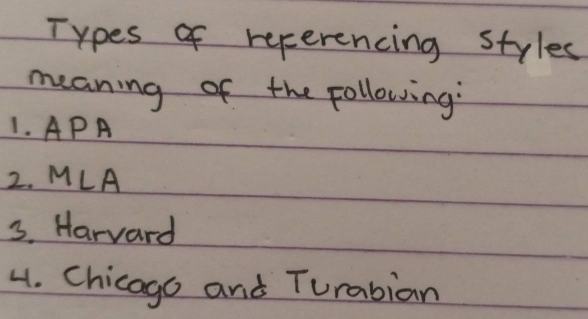 Types of referencing styles 
meaning of the following 
1. APA 
2. MLA 
3. Harvard 
4. Chicago and Turabian