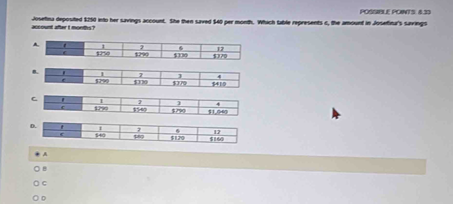 POSSIBLE POINT S: 8.33
Josetina deposited $250 into her savings account. She then saved $40 per month. Which table represents c, the amount in Josefina's savings
account after t months?
A
B
C
D