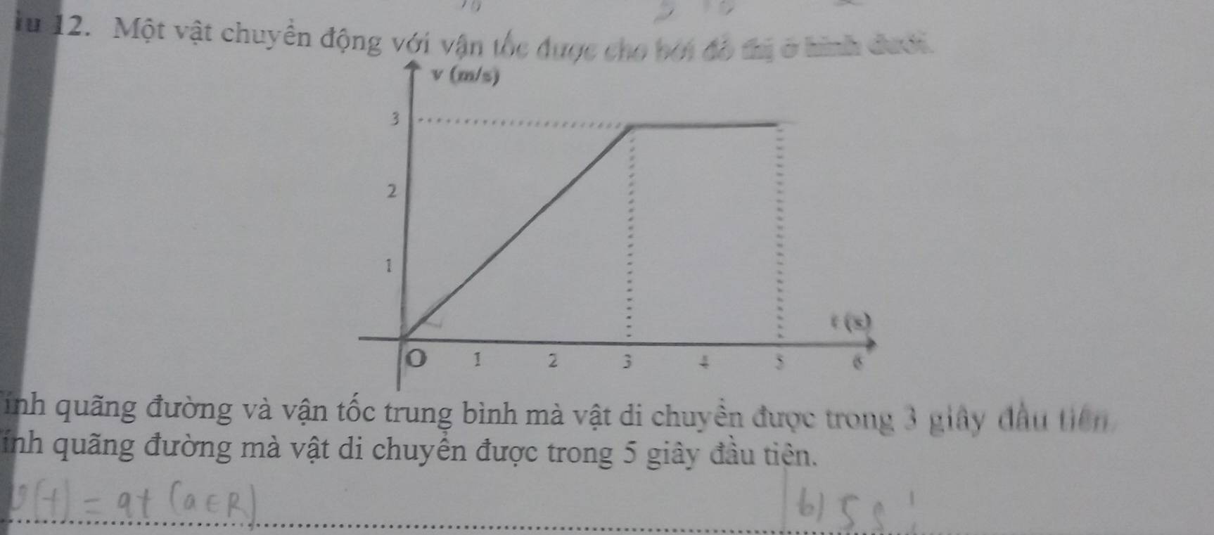 Iu 12. Một vật chuyển động với vận tốc được cho bởi đô tị ở hình đưới. 
Tỉnh quãng đường và vận tốc trung bình mà vật di chuyền được trong 3 giây đầu tiên 
ỉnh quãng đường mà vật di chuyển được trong 5 giây đầu tiên. 
_