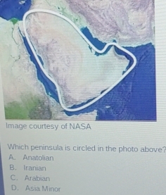 Image courtesy of NASA
Which peninsula is circled in the photo above?
A. Anatolian
B. Iranian
C. Arabian
D. Asia Minor