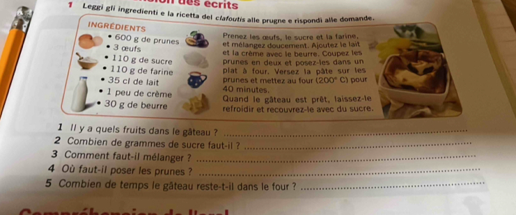 ues ecrits 
1 Leggi gli ingredienti e la ricetta del clafoutis alle prugne e rispondi alle domande. 
INGRÉDIENTS 
Prenez les œufs. le sucre et la farine.
600 g de prunes et mélangez doucement. Ajoutez le lait 
3 œufs 
et la crème avec le beurre. Coupez les
110 g de sucre prunes en deux et posez-les dans un
110 g de farine plat à four. Versez la pâte sur les 
prunes et mettez au four (200°C) pour
35 cl de lait 40 minutes. 
1 peu de crème Quand le gâteau est prêt, laissez-le
30 g de beurre refroidir et recouvrez-le avec du sucre. 
1 ll y a quels fruits dans le gâteau ?_ 
2 Combien de grammes de sucre faut-il ?_ 
3 Comment faut-il mélanger ?_ 
4 Où faut-il poser les prunes ?_ 
5 Combien de temps le gâteau reste-t-il dans le four ?_