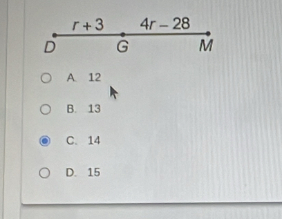 r+3 4r-28
D G M
A. 12
B. 13
C. 14
D. 15