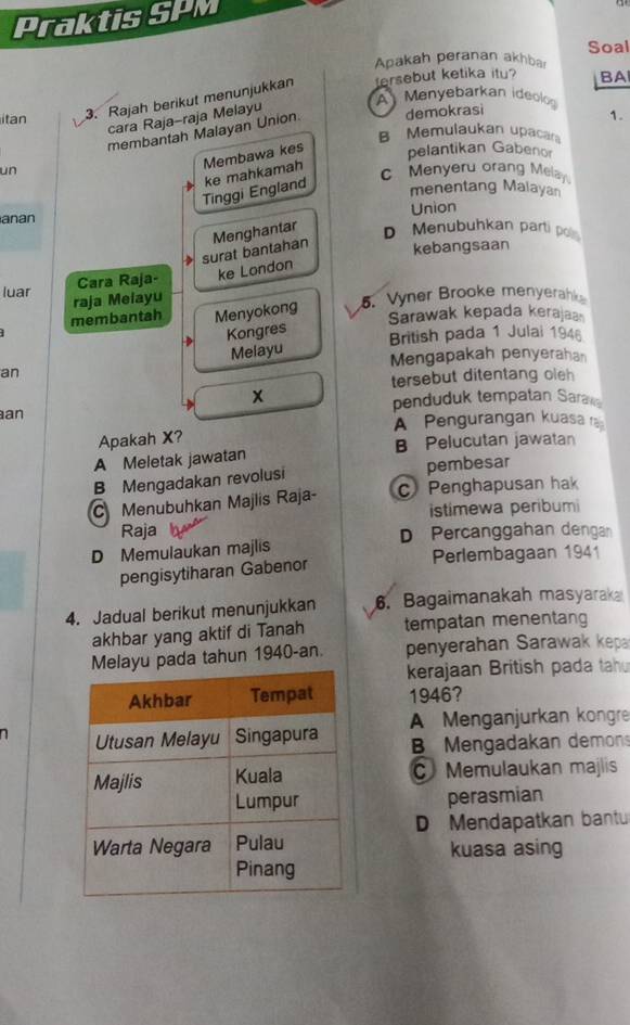 Praktis SPM
Soal
Apakah peranan akhba
itan
3. Rajah berikut menunjukkan tersebut ketika itu? BA
A Menyebarkan ideolo
cara Raja-raja Melayu
membantah Malayan Union demokrasi
1.
B Memulaukan upacan
un
Membawa kes pelantikan Gabenor
Tinggi England ke mahkamah
C Menyeru orang Melay
menentang Malayan
Union
anan D Menubuhkan parti pol 
surat bantahan Menghantar
kebangsaan
Cara Raja- ke London
luar
membantah raja Meiayu 5. Vyner Brooke menyerahk
Menyokong
Sarawak kepada kerajaa
Kongres
British pada 1 Julai 1946
an Melayu
Mengapakah penyerahan
tersebut ditentang oleh
x
penduduk tempatan Sarax
an
A Pengurangan kuasa ra
Apakah X?
A Meletak jawatan B Pelucutan jawatan
B Mengadakan revolusi pembesar
C Menubuhkan Majlis Raja- C Penghapusan hak
istimewa peribum
Raja D Percanggahan dengan
D Memulaukan majlis
pengisytiharan Gabenor Perlembagaan 1941
4. Jadual berikut menunjukkan 6. Bagaimanakah masyaraka
akhbar yang aktif di Tanah tempatan menentang
u pada tahun 1940-an penyerahan Sarawak kepa
kerajaan British pada tahu
1946?
A Menganjurkan kongre
B Mengadakan demons
CMemulaukan majlis
perasmian
D Mendapatkan bantu
kuasa asing