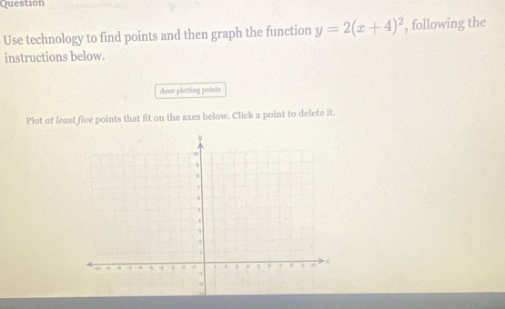 Question 
Use technology to find points and then graph the function y=2(x+4)^2 , following the 
instructions below. 
done plotting points 
Plot at least five points that fit on the axes below. Click a point to delete it.