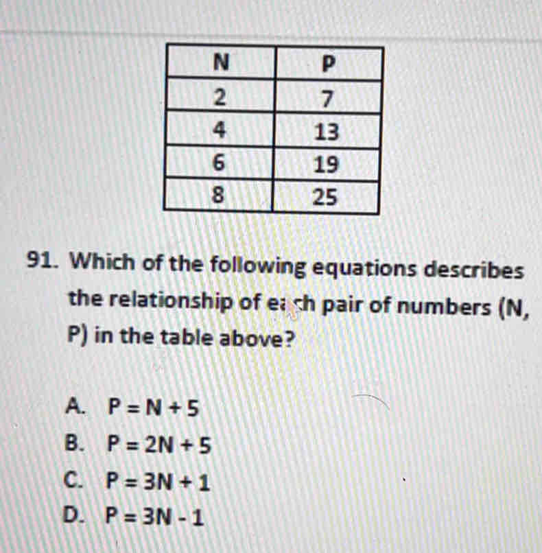 Which of the following equations describes
the relationship of ea ch pair of numbers (N,
P) in the table above?
A. P=N+5
B. P=2N+5
C. P=3N+1
D. P=3N-1