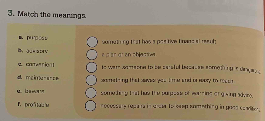 Match the meanings. 
a. purpose 
something that has a positive financial result. 
b、 advisory 
a plan or an objective. 
c. convenient to warn someone to be careful because something is dangerous . 
d. maintenance something that saves you time and is easy to reach. 
e. beware something that has the purpose of warning or giving advice. 
f. profitable necessary repairs in order to keep something in good conditions