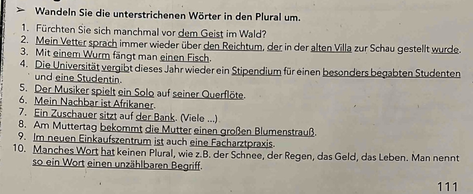 > Wandeln Sie die unterstrichenen Wörter in den Plural um. 
1. Fürchten Sie sich manchmal vor dem Geist im Wald? 
2. Mein Vetter sprach immer wieder über den Reichtum, der in der alten Villa zur Schau gestellt wurde. 
3. Mit einem Wurm fängt man einen Fisch. 
4. Die Universität vergibt dieses Jahr wieder ein Stipendium für einen besonders begabten Studenten 
und eine Studentin. 
5. Der Musiker spielt ein Solo auf seiner Querflöte. 
6. Mein Nachbar ist Afrikaner. 
7. Ein Zuschauer sitzt auf der Bank. (Viele ...) 
8. Am Muttertag bekommt die Mutter einen großen Blumenstrauß. 
9. Im neuen Einkaufszentrum ist auch eine Facharztpraxis. 
10. Manches Wort hat keinen Plural, wie z.B. der Schnee, der Regen, das Geld, das Leben. Man nennt 
so ein Wort einen unzählbaren Begriff. 
111