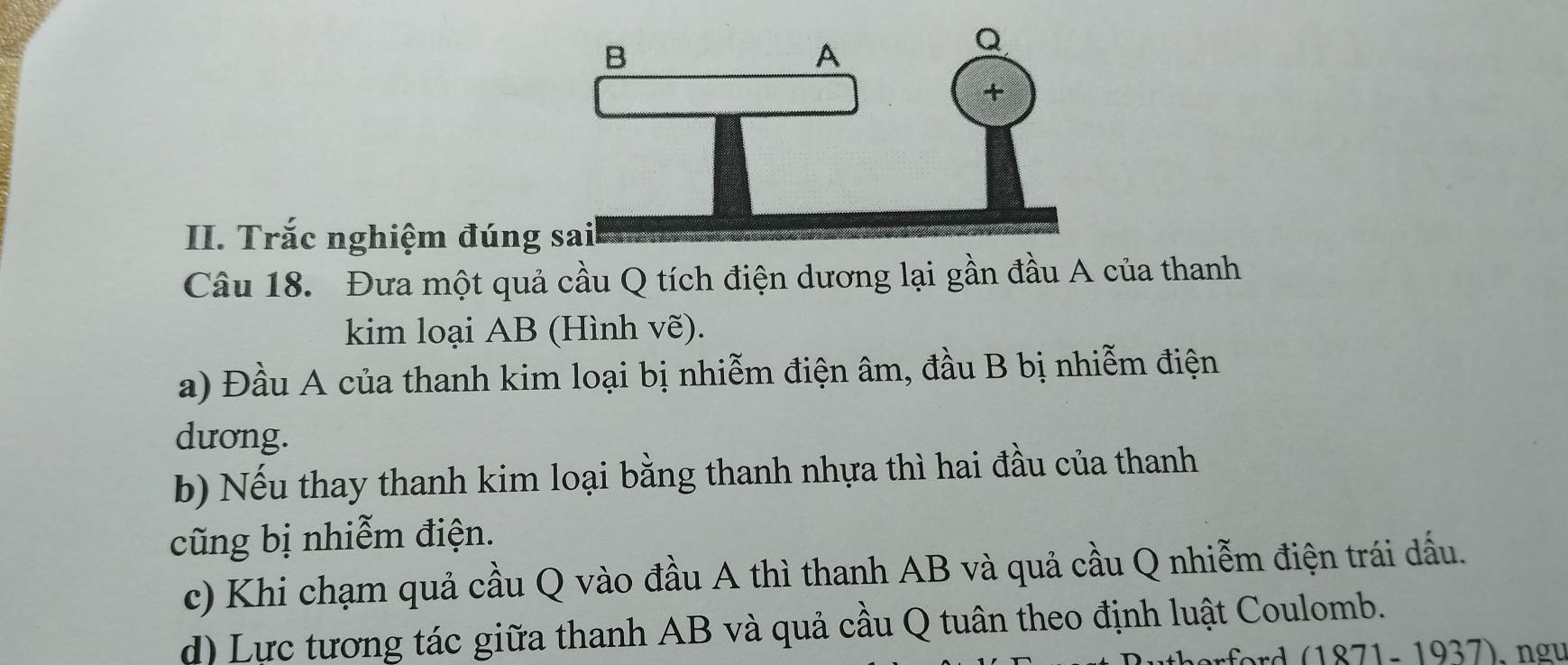 Trắc nghiệm đúng 
Câu 18. Đưa một quả cầu Q tích điện dương lại gần đầu A của thanh 
kim loại AB (Hình vẽ). 
a) Đầu A của thanh kim loại bị nhiễm điện âm, đầu B bị nhiễm điện 
dương. 
b) Nếu thay thanh kim loại bằng thanh nhựa thì hai đầu của thanh 
cũng bị nhiễm điện. 
c) Khi chạm quả cầu Q vào đầu A thì thanh AB và quả cầu Q nhiễm điện trái dấu. 
d) Lực tương tác giữa thanh AB và quả cầu Q tuân theo định luật Coulomb. 
r (1871- 1937), ngư