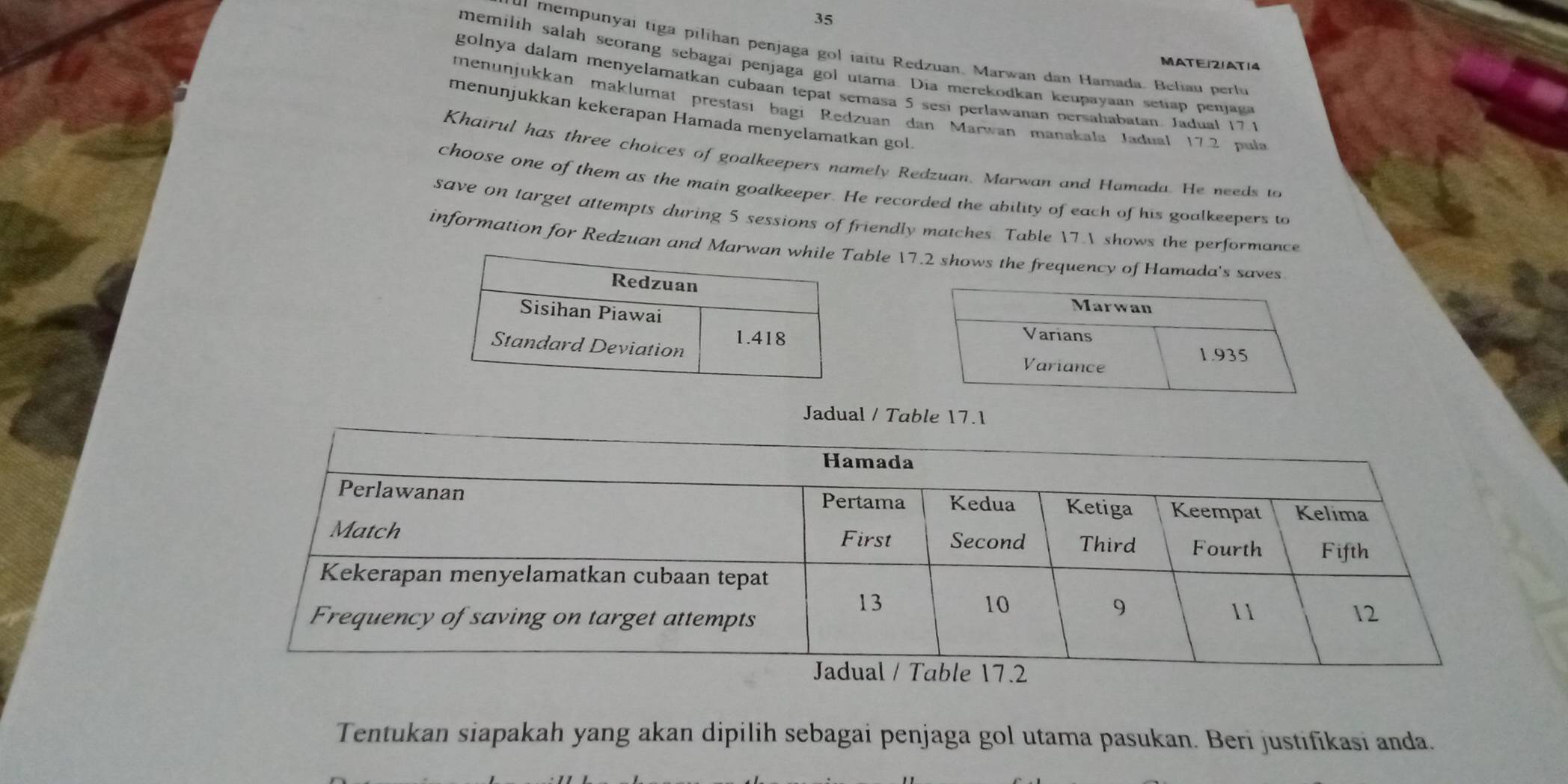 ut mempunyai tiga pilihan penjaga gol iaitu Redzuan, Marwan dan Hamada. Beliau perlu 
MATE/21AT14 
memilih salah seorang sebagai penjaga gol utama. Dia merekodkan keupayaan setiap penjaga 
golnya dalam menyelamatkan cubaan tepat semasa 5 sesi perlawanan persahabatan. Jadual 17.1
menunjukkan maklumat prestasi bagi Redzuan dan Marwan manakala Jadual 17.2 puła 
menunjukkan kekerapan Hamada menyelamatkan gol. 
Khairul has three choices of goalkeepers namely Redzuan, Marwan and Hamada. He needs to 
choose one of them as the main goalkeeper. He recorded the ability of each of his goalkeepers to 
save on target attempts during 5 sessions of friendly matches. Table 17. shows the performance 
information for Redzuan and Marble 17.2 shows the frequency of Hamada's saves 
Jadual / Table 17.1
Tentukan siapakah yang akan dipilih sebagai penjaga gol utama pasukan. Beri justifikasi anda.