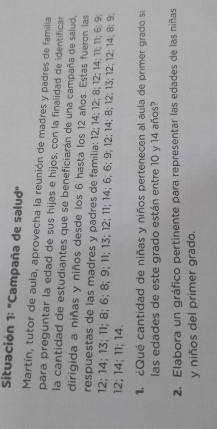 Situación 1: "Campaña de salud" 
Martín, tutor de aula, aprovecha la reunión de madres y padres de familia 
para preguntar la edad de sus hijas e hijos, con la finalidad de identificar 
la cantidad de estudiantes que se beneficiarán de una campaña de salud, 
dirigida a niñas y niños desde los 6 hasta los 12 años. Estas fueron las 
respuestas de las madres y padres de familia: 12; 14; 12; 8; 12; 14; 11; 11; 6; 9;
12; 14; 13; 11; 8; 6; 8; 9; 11; 13; 12; 11; 14; 6; 6; 9; 12; 14; 8; 12; 13; 12; 12; 14; 8; 9;
12; 14; 11; 14. 
1. ¿Qué cantidad de niñas y niños pertenecen al aula de primer grado si 
las edades de este grado están entre 10 y 14 años? 
2. Elabora un gráfico pertinente para representar las edades de las niñas 
y niños del primer grado.