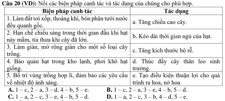 (VD): Nổi các biện pháp canh tác và tác dụng của chúng cho phù hợp.
-e
C. 1-a,2-c,3-e,4- -b,5-d. D. 1-a,2-c,3-b,4-d,5-