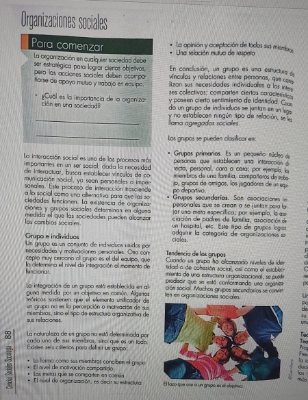 Organizaciones sociales
Para comenzar La apinión y aceptación de todos sus miembros
Una relación mutua de respeto
la organización en cualquier sociedad debe En conclusión, un grupo es una estructura de
ser estratégica para lograr ciertos objetivos, vínculos y relaciones entre personas, que cara
pero las acciones sociales deben acompa lizan sus necesidades individuales a los inter .
ñorse de apoyo mutuo y trabajo en equipo. ses colectivos; comparten ciertas característica
Cuál es la importancia de la organiza y poseen cierto sentimiento de identidad. Cur
ción en una sociedad? do un grupo de individuos se juntan en un lugo
_y no establecen ningún tipo de relación, se 
Ilama agregados sociales.
_
Los grupos se pueden clasificar en:
Grupos primarias. Es un pequeño núcleo de
La interacción sociall es uno de los procesos más personas que establecen una interacción de
importantes en un ser social; doda la necesidad
de interactuar, busca establecer vínculos de co recta, personal, cara a cara; por ejemple, ki
miembros de una familia, compañeros de trobe
municación social, ya sean personales o imper jo, grupos de amigos, los jugadares de un equií
sonales. Este proceso de interacción trasciende
a lo social como una allternativa para que las so po deportivo.  Grupos secundarios. Son asociaciones im
ciedades funcionen. La existencia de organiza personales que se crean o se juntan para for
ciones y grupos sociales determinan en alguna jar una mera específica; par ejemplo, la au
medida el que las sociedades pueden alcanza ciación de padres de familia, asociación de
los cambios sociales un hospital, etc. Este tipo de grupos logra
adquirir la categoría de organizaciones se
Grupo e individuos ciales
Un grupo es un conjunto de individuos unidos por
necesidades y motivaciones personales. Otro con Tendencía de los grupos
la determina el nivel de integración al momento de  Cuando un grupo há alcanzado níveles de iden
cepto mụy cercono al grupo es ell del equipo, que  tidad o  de cohesión social, asi como el estableo
funcionar miento de una estructura organizacional, se puede
predecir que se está conformando una organizo Px
ción social. Muchos grupos secundarios se conve
La integración de un grupo está establecida en al Ien en organizaciones sociales. Ur
guna medida par un objetivo en común. Alguna
teóricas sostienen que el elemento unificador de PC
un grupo no es la percepción o motivación de sus de
miembras, sino el tipo de estructura organizativa de
sự
sus relaciones.un
 La naturaleza de un grupo no está determinoda por
Te
cada uno de sus miembros, sino que es un todo.
Existen seis criterios para definir un grupo:
Pro Teo
La forma como sus miembros concibén el grupa
a i Free
El nivel de motivación compartida duo
más los 
Las metas que se comparten en común 
El nivel de organización, es decir su estructura