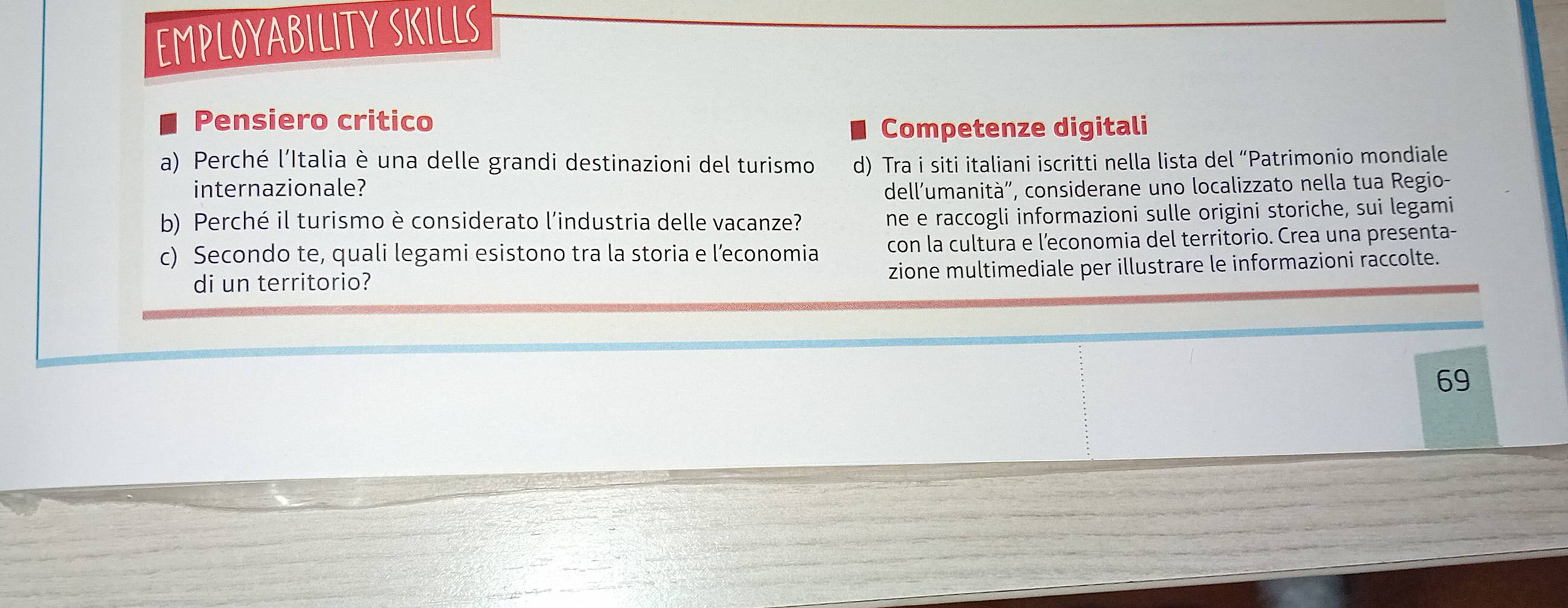 EMPLOYABILITY SKILLS 
Pensiero critico 
Competenze digitali 
a) Perché l’Italia è una delle grandi destinazioni del turismo d) Tra i siti italiani iscritti nella lista del “Patrimonio mondiale 
internazionale? dell'umanità', considerane uno localizzato nella tua Regio- 
b) Perché il turismo è considerato l’industria delle vacanze? 
ne e raccogli informazioni sulle origini storiche, sui legami 
c) Secondo te, quali legami esistono tra la storia e l’economia con la cultura e l’economia del territorio. Crea una presenta- 
di un territorio? zione multimediale per illustrare le informazioni raccolte. 
69