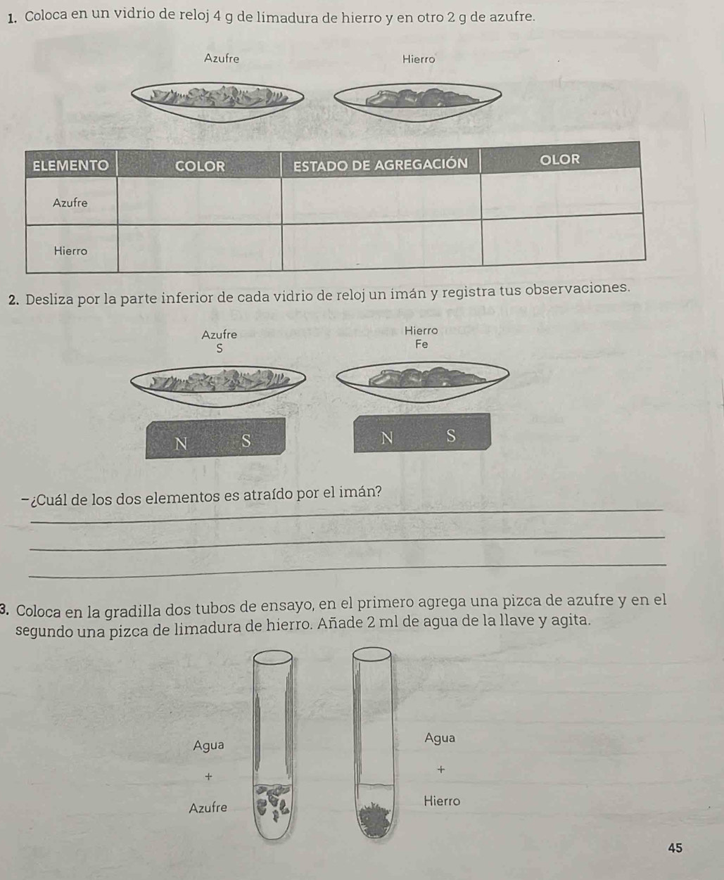 Coloca en un vidrio de reloj 4 g de limadura de hierro y en otro 2 g de azufre. 
Azufre Hierro 
2. Desliza por la parte inferior de cada vidrio de reloj un imán y registra tus observaciones. 
Azufre Hierro 
S 
Fe 
N S 
N S 
_ 
¿Cuál de los dos elementos es atraído por el imán? 
_ 
_ 
3. Coloca en la gradilla dos tubos de ensayo, en el primero agrega una pizca de azufre y en el 
segundo una pizca de limadura de hierro. Añade 2 ml de agua de la llave y agita. 
Agua 
+ 
Hierro 
45