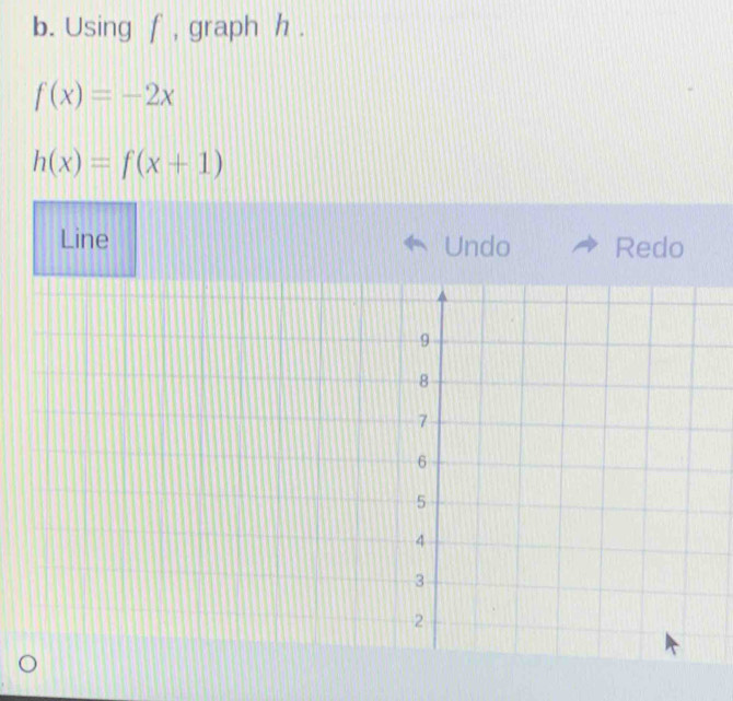 Using f , graph h.
f(x)=-2x
h(x)=f(x+1)
Line Undo Redo