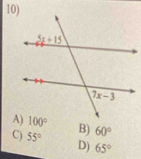 B) 60°
C) 55° D) 65°