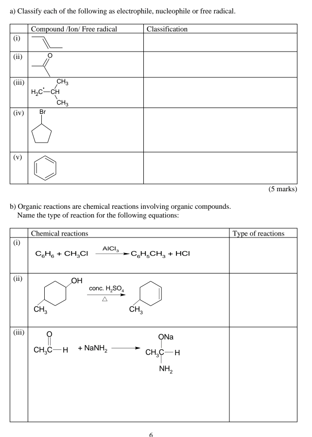 Classify each of the following as electrophile, nucleophile or free radical.
b) Organic reactions are chemical reactions involving organic compounds.
Name the type of reaction for the following equations: