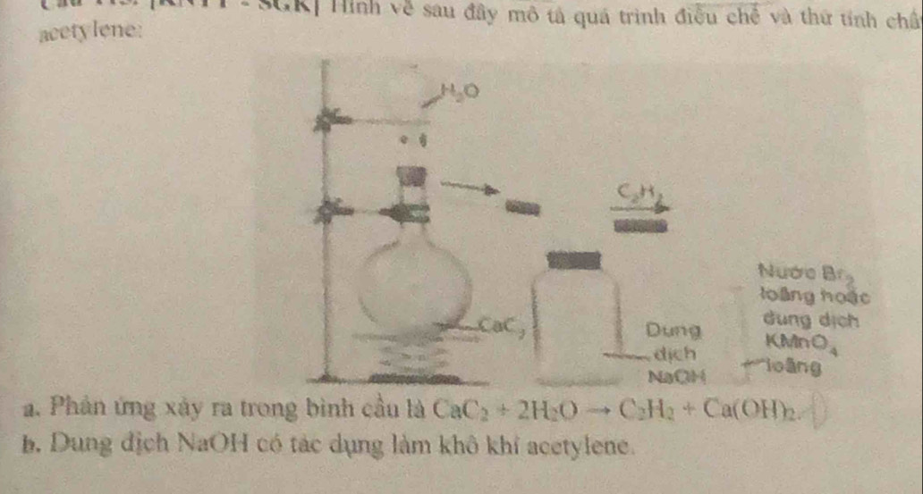 GK| Hình về sau đầy mô tả quá trình điều chế và thứ tính chấ
acety lene:
Nước Br_2
lo àng hoặ c
dung dịch
KMnO_4
loàng
a. Phân ứng xảy ra trong bình cầu là CaC_2+2H_2Oto C_2H_2+Ca(OH)_2.
b. Dung địch NaOH có tác dụng làm khô khí acetylene.