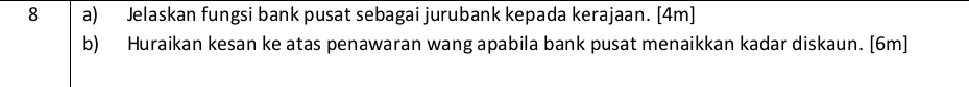 Jelaskan fungsi bank pusat sebagai jurubank kepada kerajaan. [4m] 
b) Huraikan kesan ke atas penawaran wang apabila bank pusat menaikkan kadar diskaun. [6m]