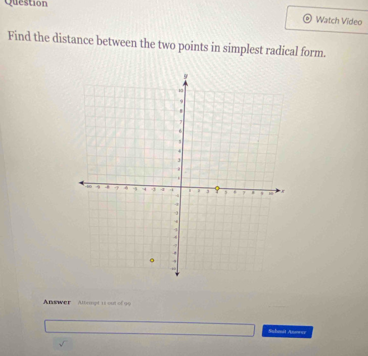 Question 
Watch Video 
Find the distance between the two points in simplest radical form. 
Answer Attempt 11 out of 99 
Submit Answer