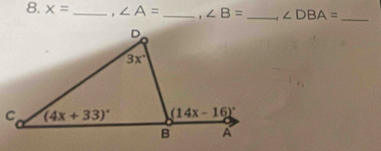 x= _ ∠ A= _ ∠ B= _, ∠ DBA= _