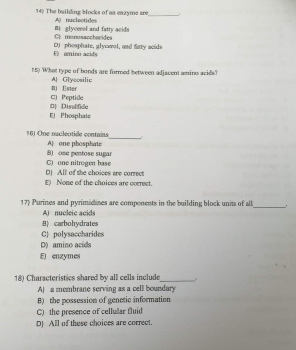 Solved: The building blocks of an enzyme are_ . A) nucleotides B ...