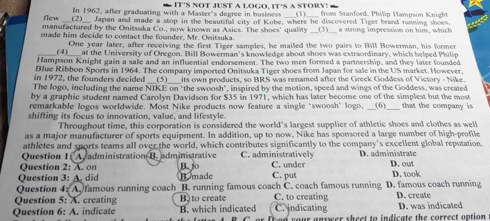 IT'S NOT JUST A LOGO. IT'S A STORY!
In 1962, after graduating with a Master’s degree in business (1) from Stanford, Philip Hampson Knight
flew (2)_  Japan and made a stop in the beautiful city of Kobe, where he discovered Tiger brand running shoes.
manufactured by the Onitsuka Co., now known as Asics. The shoes' quality _(3)_ a strong impression on him, which
made him decide to contact the founder, Mr. Onitsuka.
One year later, after receiving the first Tiger samples, he mailed the two pairs to Bill Bowerman, his former
(4)_ at the University of Oregon. Bill Bowerman's knowledge about shoes was extraordinary, which helped Philip
Hampson Knight gain a sale and an influential endorsement. The two men formed a partnership, and they later founded
Blue Ribbon Sports in 1964. The company imported Onitsuka Tiger shoes from Japan for sale in the US market. However,
in 1972, the founders decided    (5)_ its own products, so BRS was renamed after the Greek Goddess of Victory - Nike.
The logo, including the name NIKE on ‘the swoosh’, inspired by the motion, speed and wings of the Goddess, was created
by a graphic student named Carolyn Davidson for $35 in 1971, which has later become one of the simplest but the most
remarkable logos worldwide. Most Nike products now feature a single ‘swoosh’ logo, _(6)_ that the company is
shifting its focus to innovation, value, and lifestyle.
Throughout time, this corporation is considered the world’s largest supplier of athletic shoes and clothes as well
as a major manufacturer of sports equipment. In addition, up to now, Nike has sponsored a large number of high-profile
athletes and sports teams all over the world, which contributes significantly to the company’s excellent global reputation.
Question 1: A. administration B. administrative C. administratively D. administrate
Question 2: A. on B. t0 C. under D. out
Question 3: A. did B. made C. put D. took
Question 4: A. famous running coach B. running famous coach C. coach famous running D. famous coach running
Question 5: A. creating B. to create C. to creating D. create
Question 6: A. indicate B. which indicated C. indicating D. was indicated
D on your answer sheet to indicate the correct option