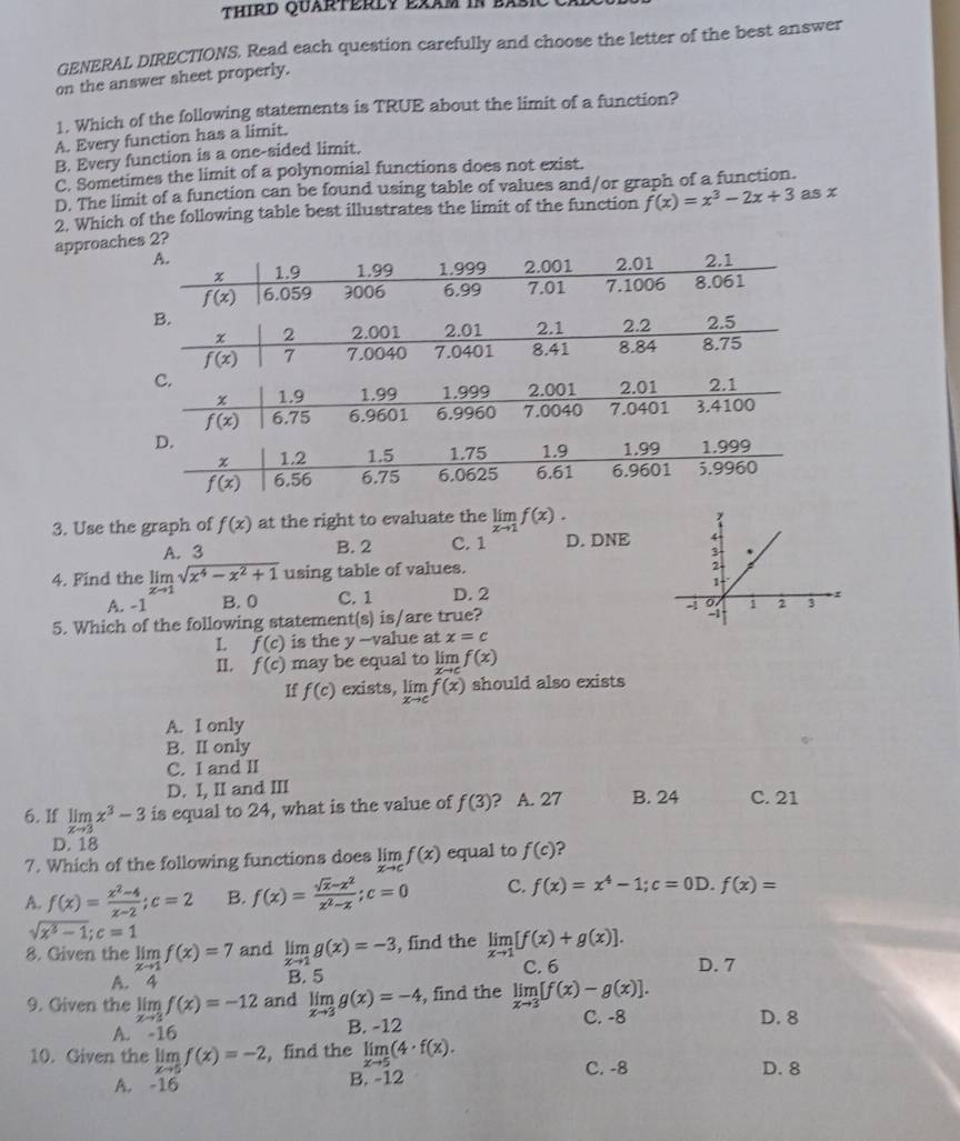 GENERAL DIRECTIONS. Read each question carefully and choose the letter of the best answer
on the answer sheet properly.
1. Which of the following statements is TRUE about the limit of a function?
A. Every function has a limit.
B. Every function is a one-sided limit.
C. Sometimes the limit of a polynomial functions does not exist.
D. The limit of a function can be found using table of values and/or graph of a function.
2. Which of the following table best illustrates the limit of the function f(x)=x^3-2x+3 as x
approaches 2?
A. 2.1
x 1.9 1,99 1.999 2.001 2.01
f(x) 6.059 3006 6.99 7.01 7.1006 8.061
B. 2.5
x 2 2.001 2.01 2.1 2.2
f(x) 7 7.0040 7.0401 8.41 8.84 8.75
C. 2.1
x 1.9 1.99 1.999 2.001 2.01
f(x) 6.75 6.9601 6.9960 7.0040 7.0401 3.4100
D. 1.999
χ 1.2 1.5 1.75 1.9 1.99
f(x) 6.56 6.75 6.0625 6.61 6.9601 5.9960
3. Use the graph of f(x) at the right to evaluate the limlimits _xto 1f(x).
A. 3 B. 2 C. 1 D. DNE
4. Find the limlimits sqrt(x^4-x^2+1) using table of values.
xto 1
A. -1 B. 0 C. 1 D. 2
5. Which of the following statement(s) is/are true? 
L f(c) is the y --value at x=c
II. f(c) may be equal to lim f(x)
H f(c) exists, limlimits _xto cf(x) should also exists
A. I only
B. II only
C. I and II
D. I, II and III
6. If limlimits x^3-3 is equal to 24, what is the value of f(3) ? A. 27 B. 24 C. 21
D. 18
7. Which of the following functions does limlimits _xto cf(x) equal to f(c) ?
A. f(x)= (x^2-4)/x-2 ;c=2 B. f(x)= (sqrt(x)-x^2)/x^2-x ;c=0 C. f(x)=x^4-1;c=0D.f(x)=
sqrt(x^3-1);c=1
8. Given the limlimits _xto 1f(x)=7 and limlimits _xto 1g(x)=-3 , find the limlimits _xto 1[f(x)+g(x)]. D. 7
A. 4 B. 5 C. 6
9. Given the limlimits _xto 3f(x)=-12 and limlimits _xto 3g(x)=-4 , find the limlimits _xto 3[f(x)-g(x)].
A. -16
B. -12 C. -8 D. 8
10. Given the limlimits _xto 5f(x)=-2 , find the limlimits _xto 5(4· f(x).
A. -16 B. -12 C. -8 D. 8