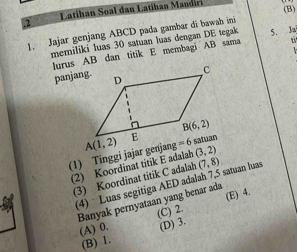 Latihan Soal dan Latihan Mandiri
   
(B)
.2
1. Jajar genjang ABCD pada gambar di bawah ini
ti
memiliki luas 30 satuan luas dengan DE tegak 5. Ja
 
lurus AB dan titik E membagi AB sama
panjang.
(1) Tinggi jajar genjan
(2) Koordinat titik E adalah
(3) Koordinat titik C adalah (7,8)
(4)  Luas segitiga AED adalah 7,5 satuan luas
(E) 4.
Banyak pernyataan yang benar ada
(C) 2.
(A) 0.
(D) 3.
(B) 1.