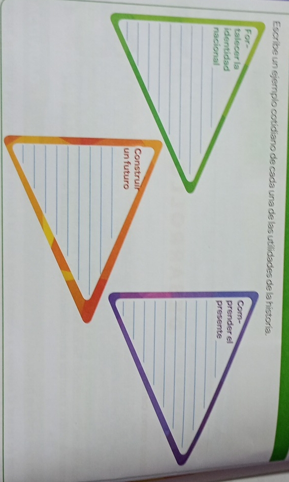 Escribe un ejemplo cotidiano de cada una de las utilidades de la historía. 
For- Com- 
talecer la 
identidad prender el 
_ 
nacional presente_ 
_ 
_ 
_ 
_ 
_ 
_ 
_ 
_ 
_ 
_ 
_ 
_ 
_ 
_ 
Construir 
_ 
_ 
un futuro 
_ 
_ 
_ 
_ 
_ 
_ 
_ 
_ 
_ 
_