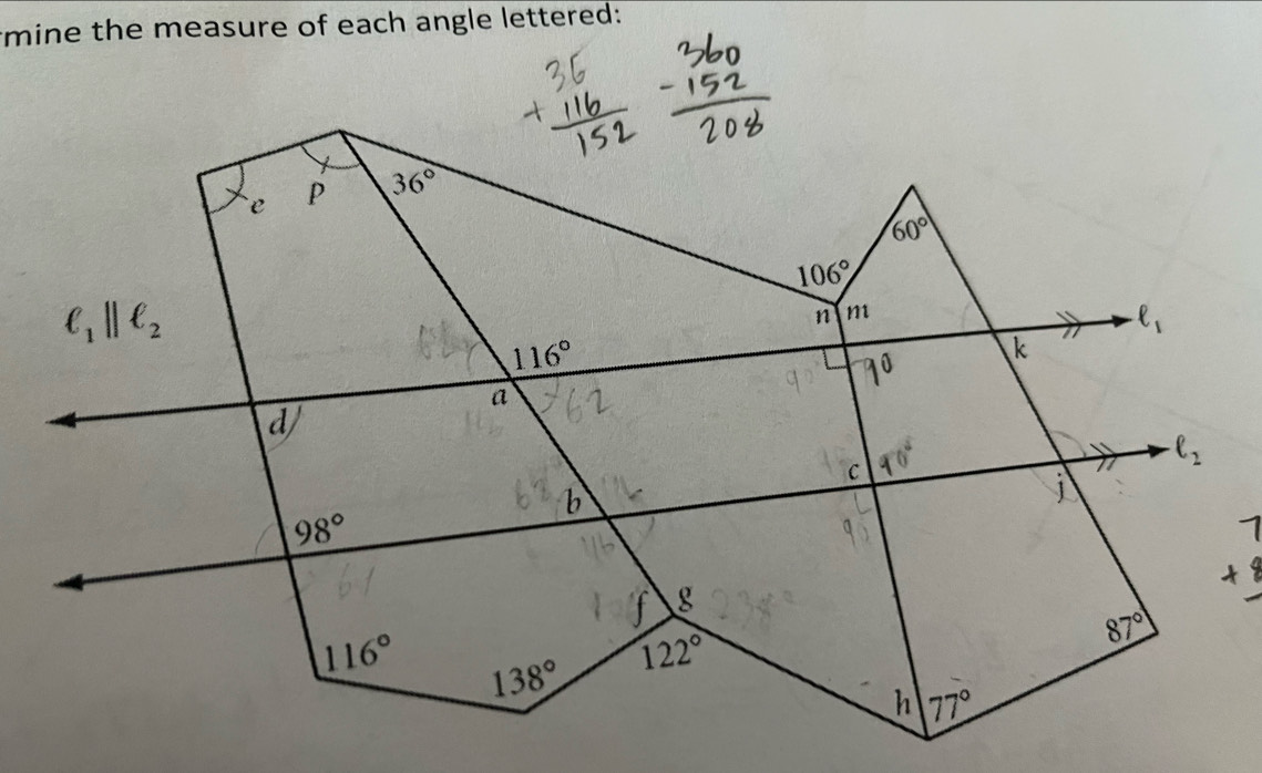 mine the measure of each angle lettered: