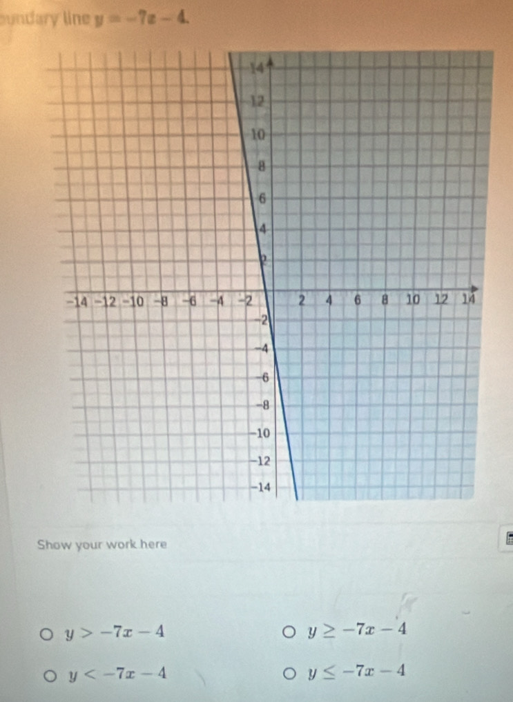 undary line y=-7x-4. 
Show your work here
y>-7x-4
y≥ -7x-4
y
y≤ -7x-4